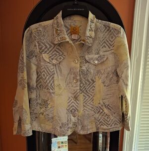 RUBY RD PETITE Women's Sz 10 Bead Embellish Short Jacket W Pockets Yellow & Gray